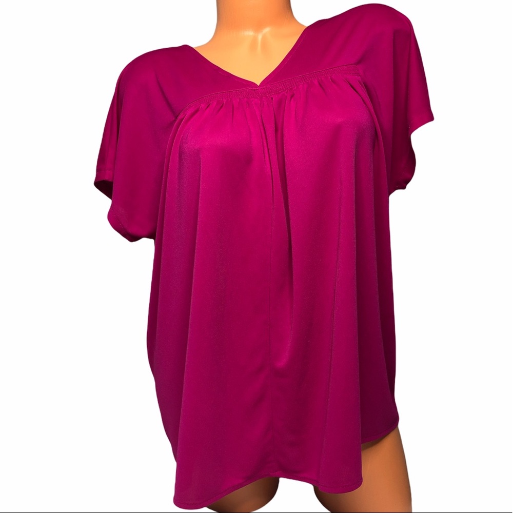 Ann Taylor Womens Fuchsia Drapey V-Neck Short Sleeve Polyester Blouse